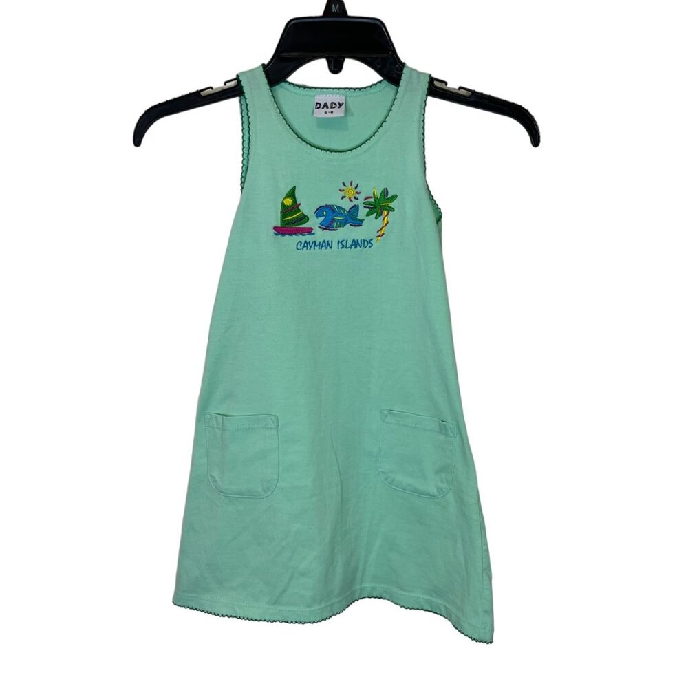 Cayman Islands Girls Dress Size 6/8 Green Jersey Knit Embroidered Sleeveless‎